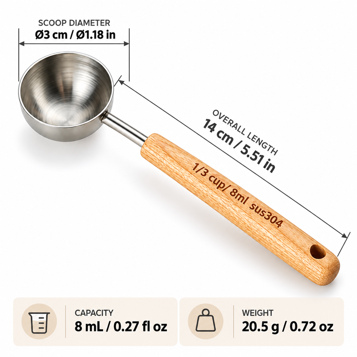 Stainless Steel Measuring Scoop with Beechwood Handle